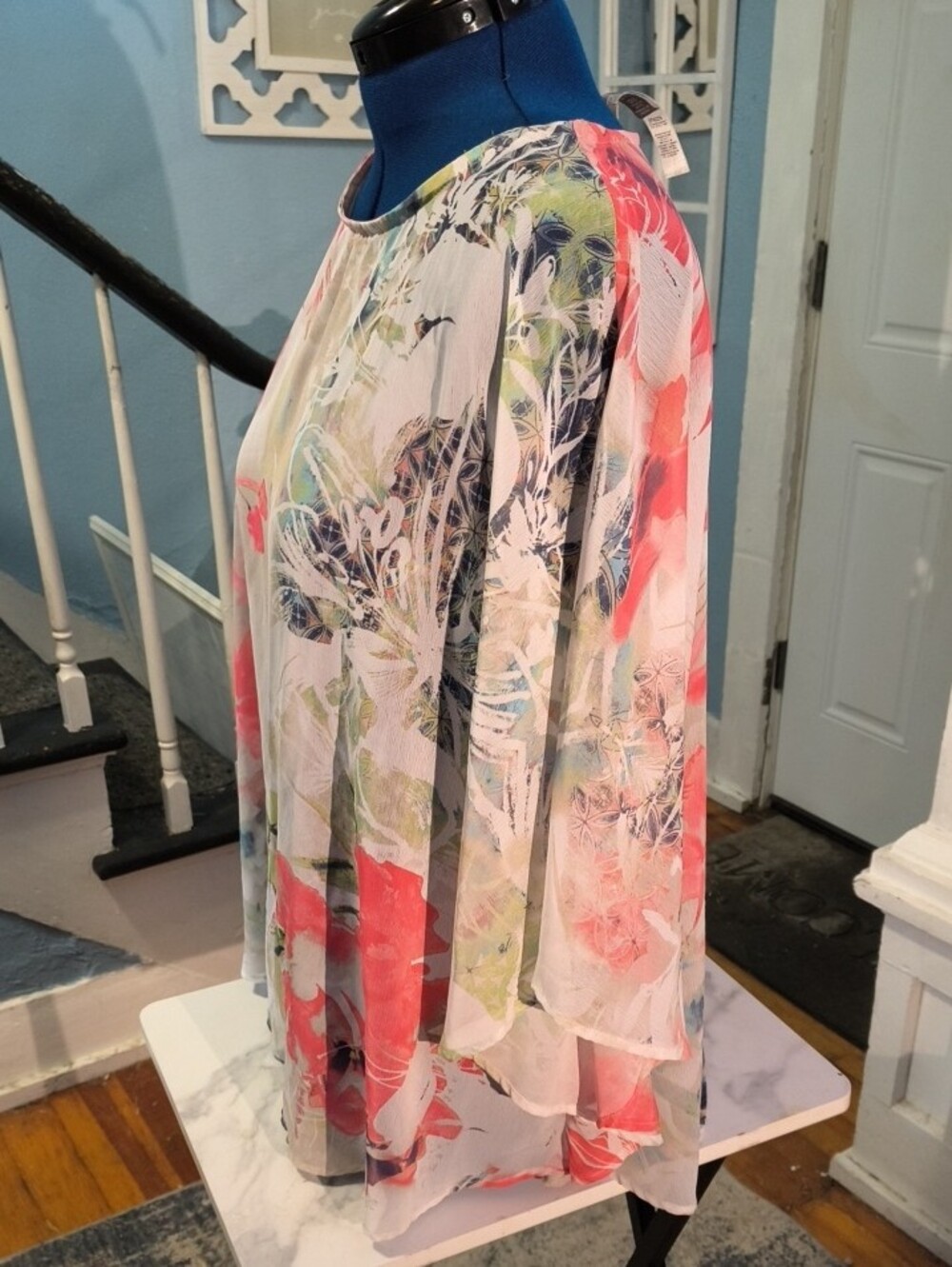 Chico's Watercolor Floral Scoop Neck Tunic - Coral, Green, Blue - Picture 3 of 9